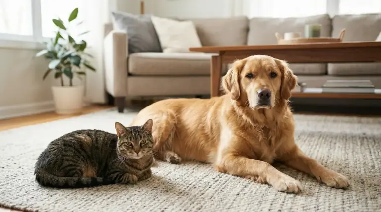 Un gatto e un cane sdraiati insieme su un tappeto in salotto