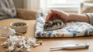 Criceto disteso su una coperta, accarezzato da una mano, con accessori per la cura attorno