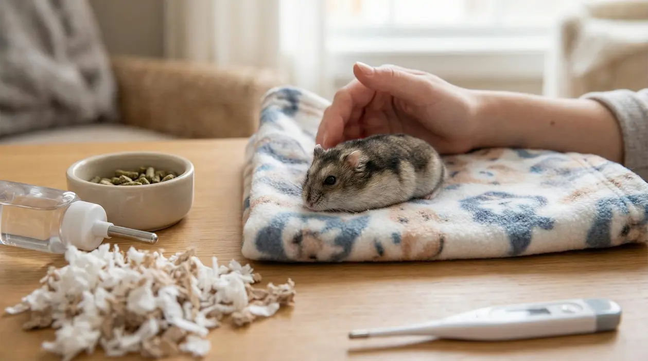 Criceto disteso su una coperta, accarezzato da una mano, con accessori per la cura attorno