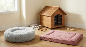 Diverse cucce per cani in una stanza, con una cuccia in legno e due letti imbottiti