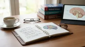 Taccuino aperto con disegno del cervello su una scrivania accanto a libri e tablet con illustrazione medica