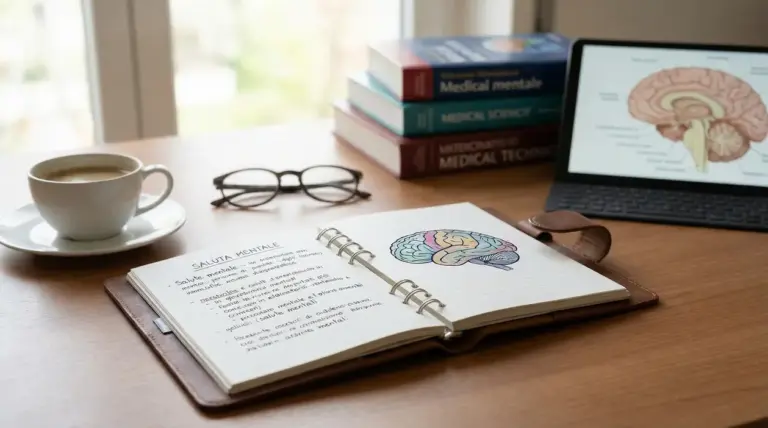 Taccuino aperto con disegno del cervello su una scrivania accanto a libri e tablet con illustrazione medica