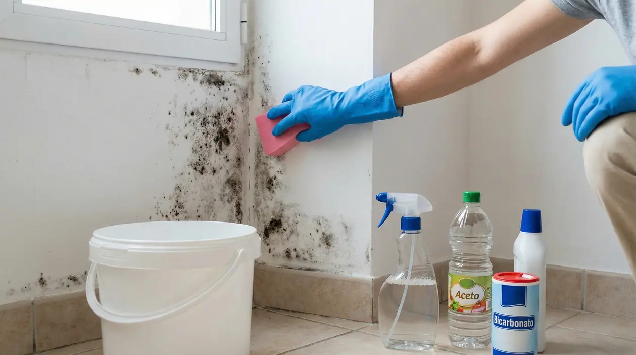 Persona pulisce una parete con muffa usando una spugna e rimedi naturali come aceto e bicarbonato