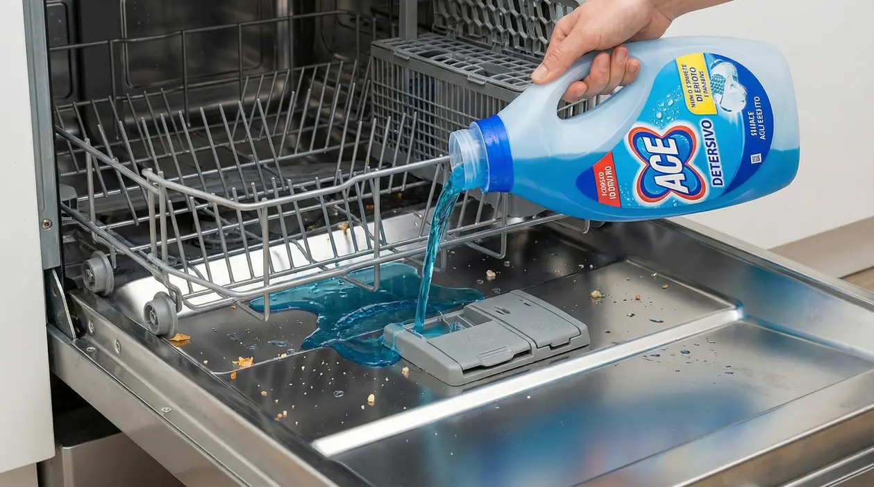 Detersivo liquido versato impropriamente all'interno di una lavastoviglie aperta