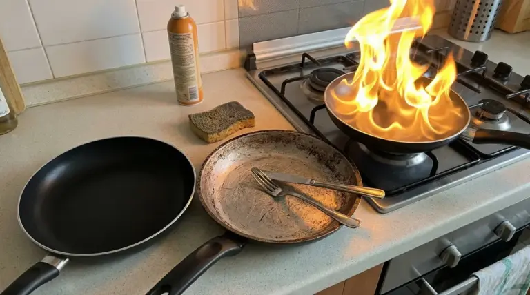 Tre padelle su un piano cottura, una delle quali in fiamme, con utensili da cucina e spugna
