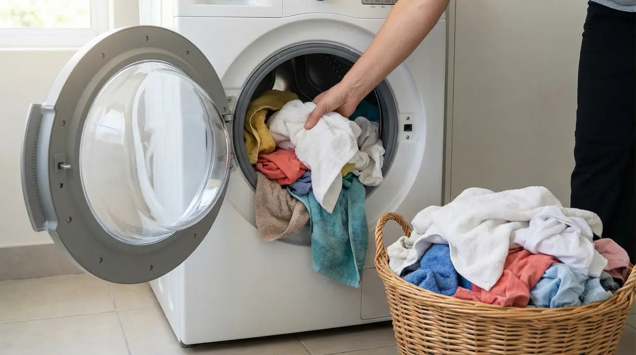 Mano che carica vestiti colorati in una lavatrice accanto a un cesto del bucato