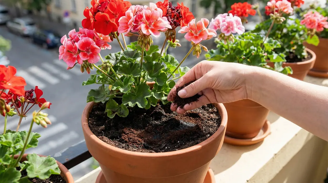 Mano che sparge fondo di caffè nel vaso con gerani fioriti su un balcone