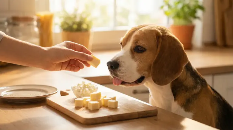 Un cane osserva un pezzo di formaggio che una persona gli porge in cucina