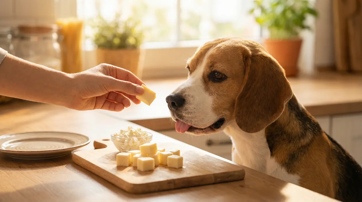 Un cane osserva un pezzo di formaggio che una persona gli porge in cucina