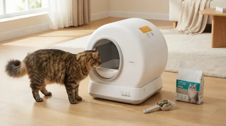 Gatto vicino a lettiera automatica per sabbia con sacchetto di lettiera agglomerante accanto