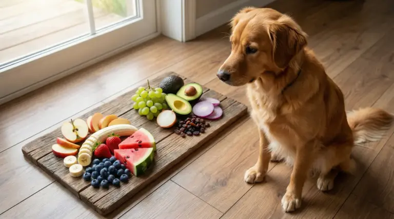 Cane seduto accanto a un tagliere con vari tipi di frutta e verdura su un pavimento in legno