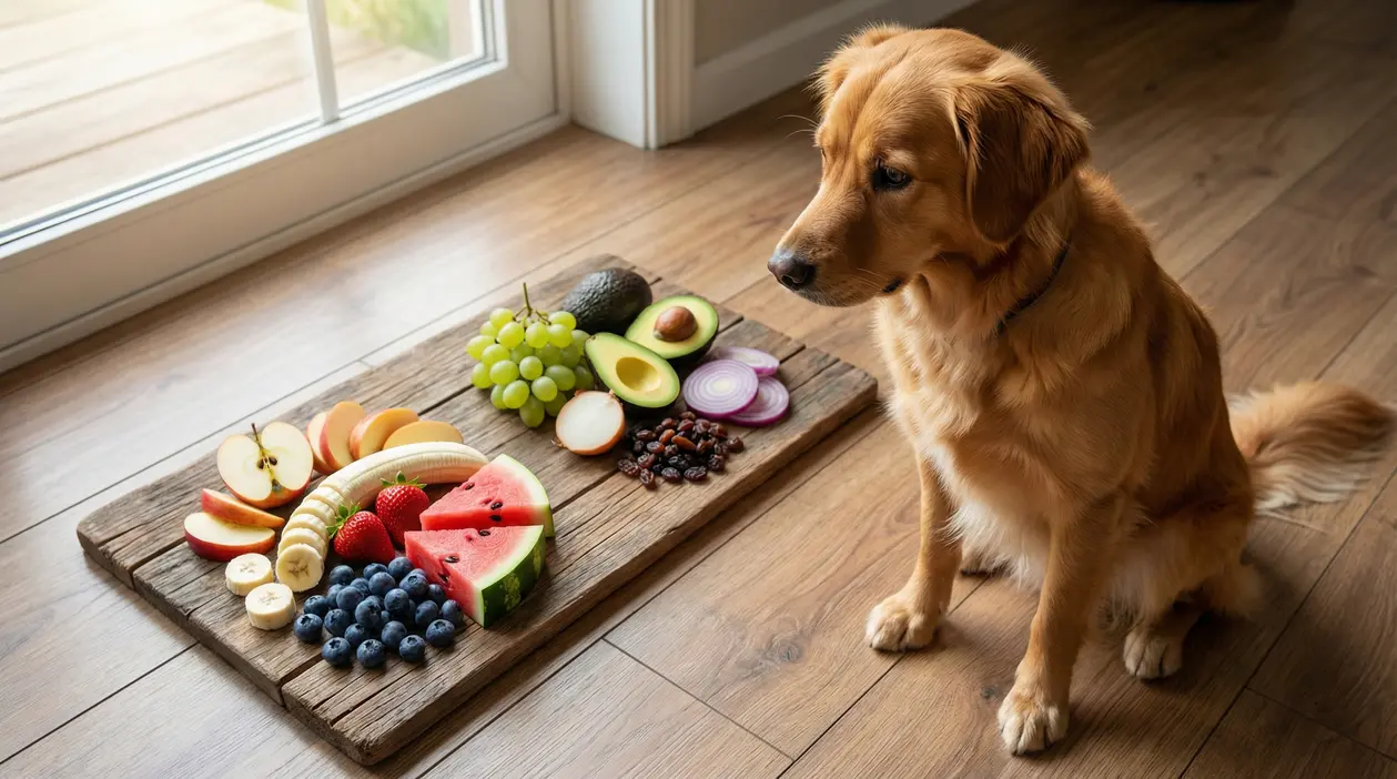 Cane seduto accanto a un tagliere con vari tipi di frutta e verdura su un pavimento in legno