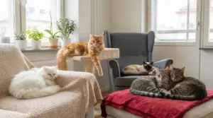 Cinque gatti di razze diverse rilassati in un appartamento luminoso