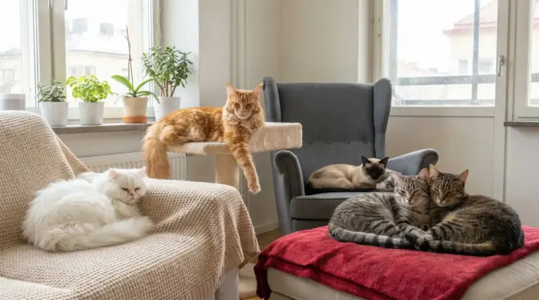 Cinque gatti di razze diverse rilassati in un appartamento luminoso