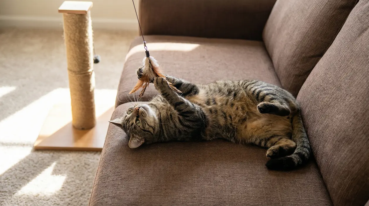 Gatto domestico gioca con un giocattolo con piume su un divano accanto a un tiragraffi