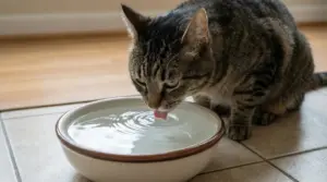 Gatto tigrato che beve da una ciotola di acqua posata sul pavimento