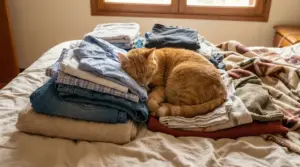 Gatto arancione che dorme sopra un mucchio di vestiti piegati su un letto