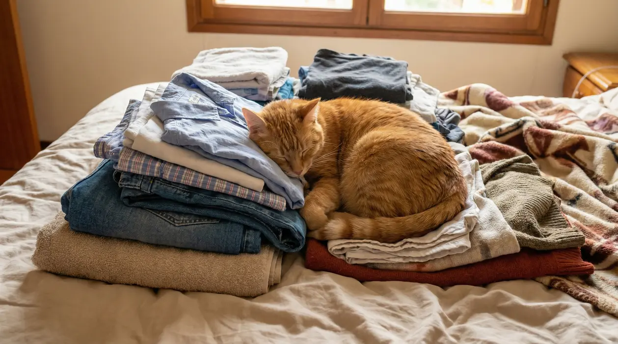 Gatto arancione che dorme sopra un mucchio di vestiti piegati su un letto