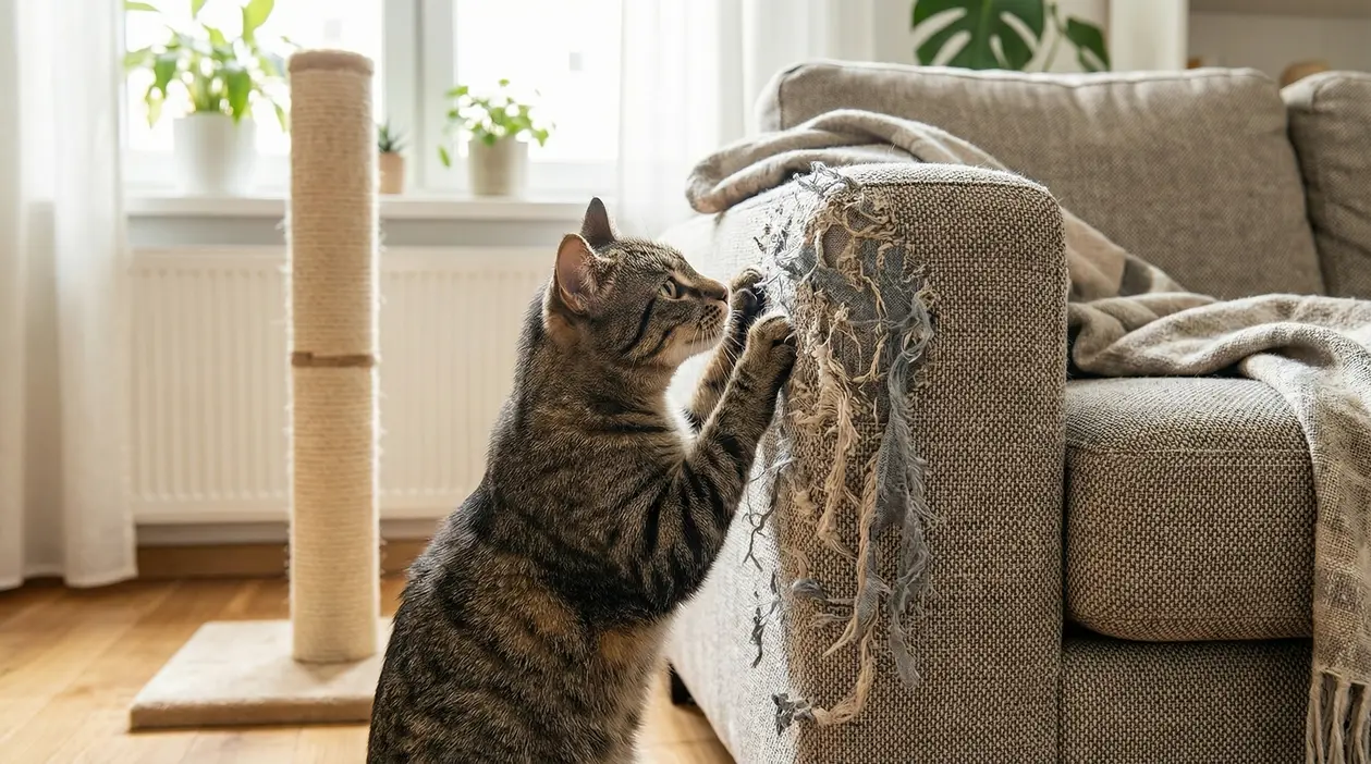 Gatto che graffia un divano rovinato accanto a un tiragraffi in una stanza luminosa