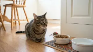 Gatto tigrato seduto vicino a una ciotola di crocchette e una di acqua