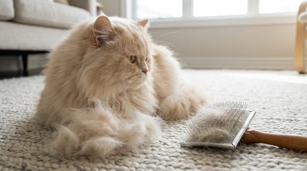 Gatto a pelo lungo sdraiato su un tappeto accanto a una spazzola piena di peli
