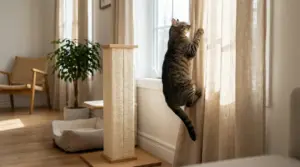 Gatto tigrato che si arrampica su una tenda in una stanza luminosa con mobili in legno chiaro