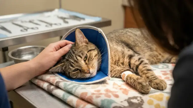 Gatto tigrato con collare elisabettiano sdraiato su un tavolo veterinario dopo la sterilizzazione