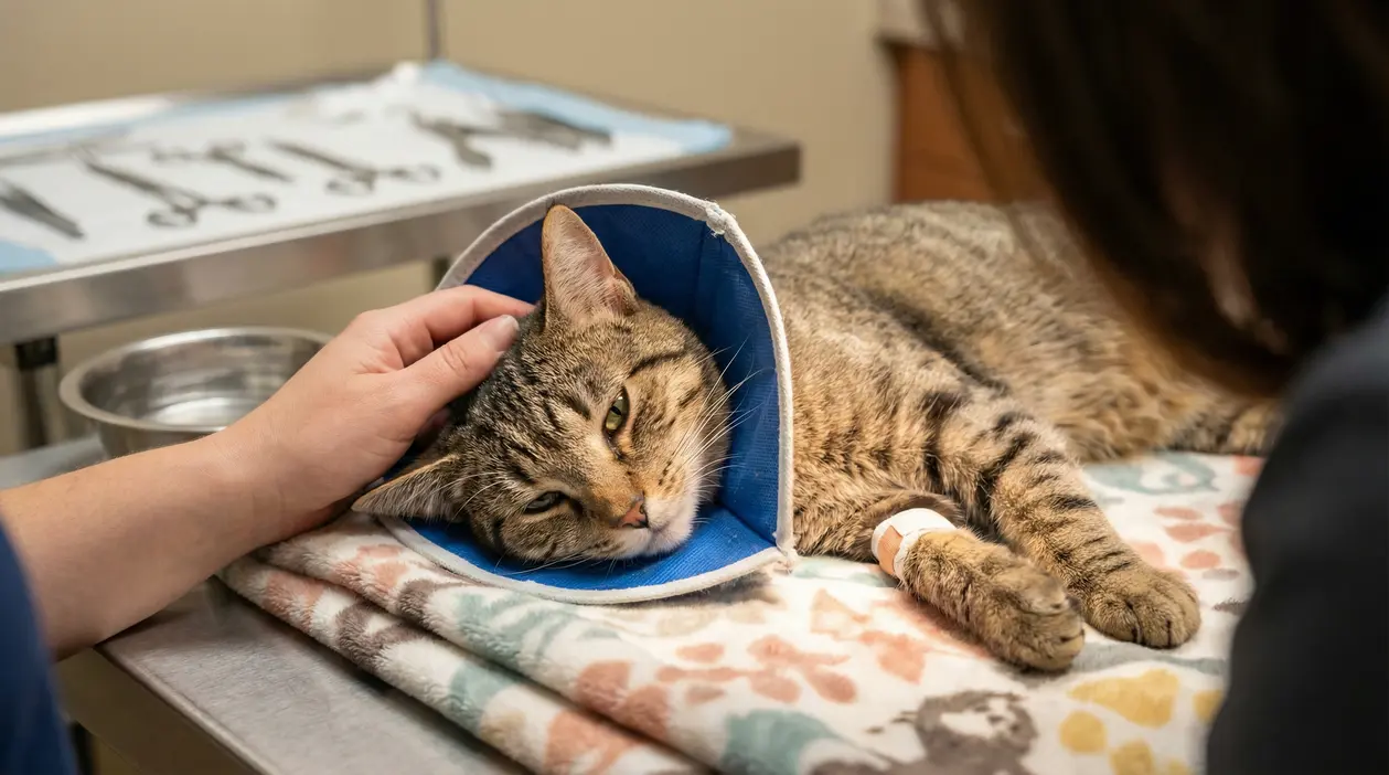 Gatto tigrato con collare elisabettiano sdraiato su un tavolo veterinario dopo la sterilizzazione