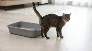 Gatto vicino alla lettiera che ha urinato sul pavimento