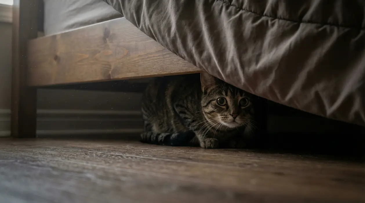 Gatto nascosto sotto il letto su un pavimento in legno