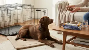 Cane sdraiato su un tappetino che guarda una persona con un giocattolo da addestramento