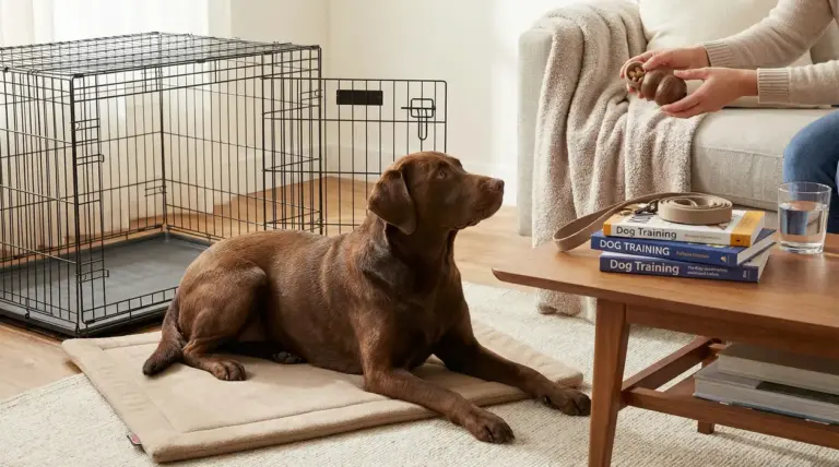 Cane sdraiato su un tappetino che guarda una persona con un giocattolo da addestramento