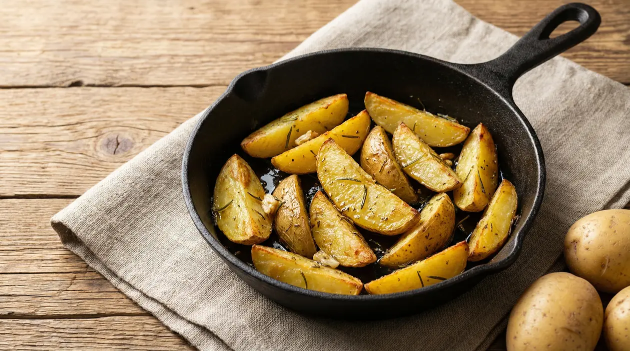 Patate arrosto a spicchi in padella di ghisa su tavolo rustico