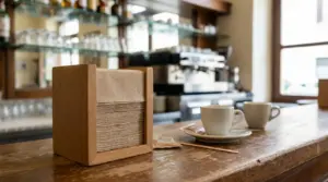 Portatovaglioli in legno su bancone di bar con tazzine da caffè