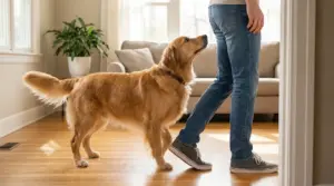 Cane che segue una persona all'interno di una casa