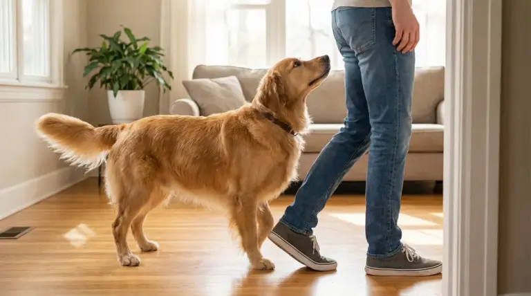 Cane che segue una persona all'interno di una casa