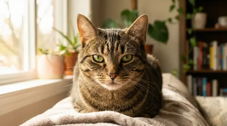 Gatto tigrato con occhi verdi che fissa l'obiettivo mentre è sdraiato su una coperta vicino a una finestra