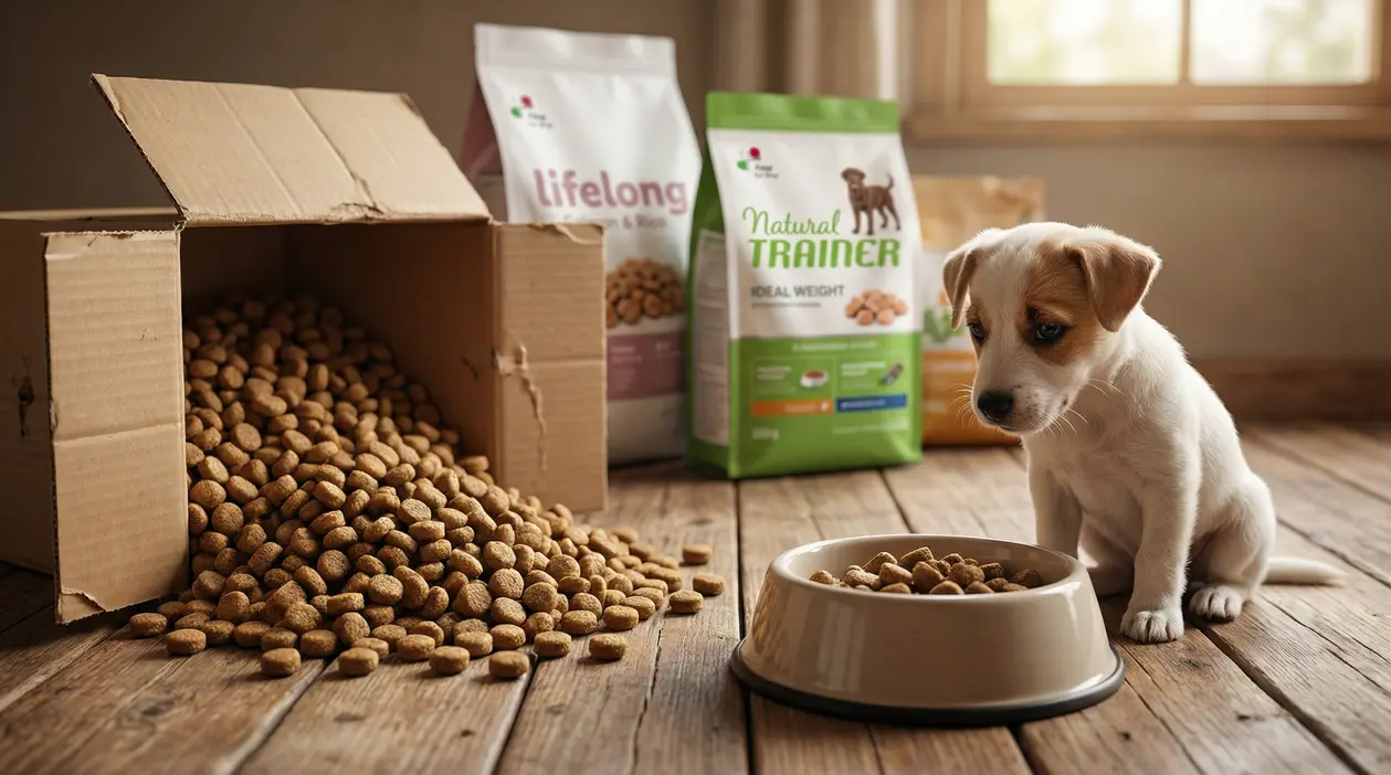 Cucciolo seduto accanto a una ciotola e a una scatola di crocchette sparse sul pavimento