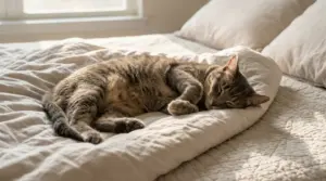 Gatto che dorme profondamente su un letto con lenzuola chiare