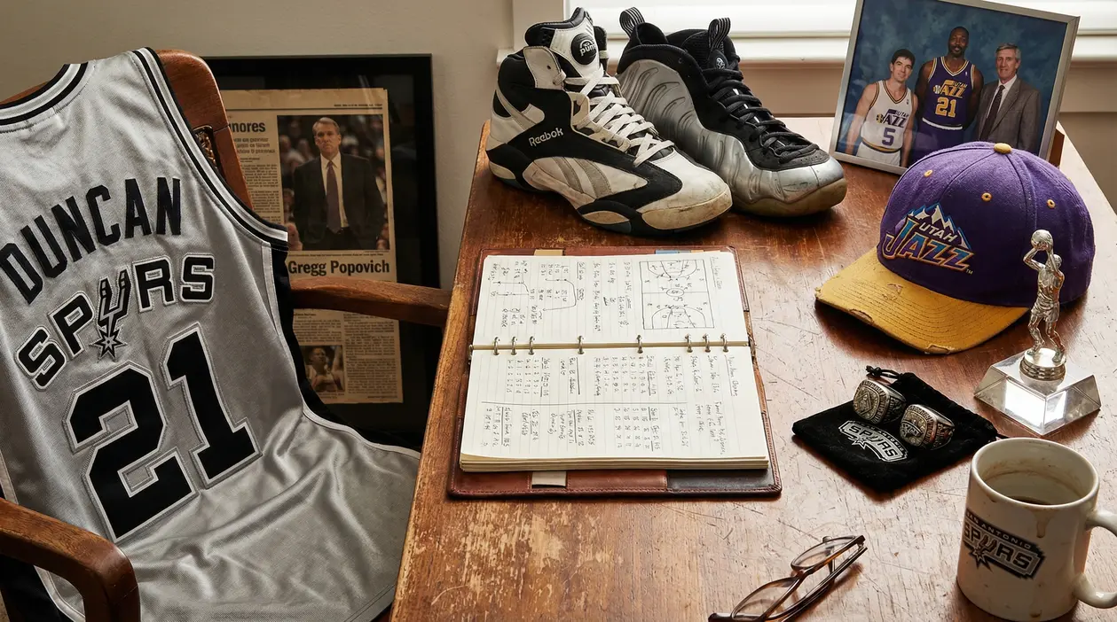Oggetti commemorativi NBA su un tavolo, tra cui maglia Spurs, cappellino Jazz, scarpe e anello da campione