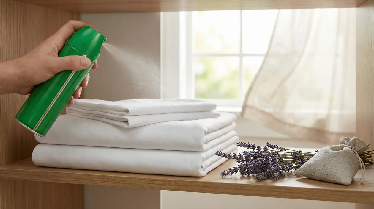 Mano che spruzza profumo su lenzuola piegate con sacchetto di lavanda accanto