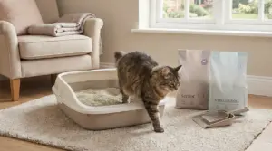 Gatto anziano che esce da una lettiera vicino a sacchetti di sabbia per lettiera su un tappeto