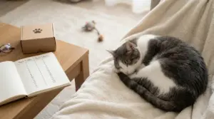 Gatto bianco e grigio che dorme su una coperta accanto a un tavolino con un quaderno aperto