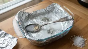 Oggetti in argento immersi in una vaschetta con alluminio e sale per la pulizia dell’ossidazione.