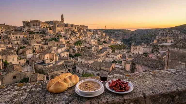 Panorama dei Sassi di Matera al tramonto con piatti tipici locali in primo piano