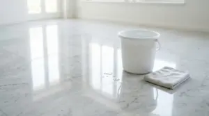 Secchio bianco e panno su pavimento in marmo lucidato con gocce d'acqua