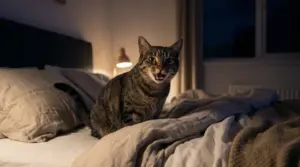 Gatto tigrato che miagola seduto su un letto in una stanza buia