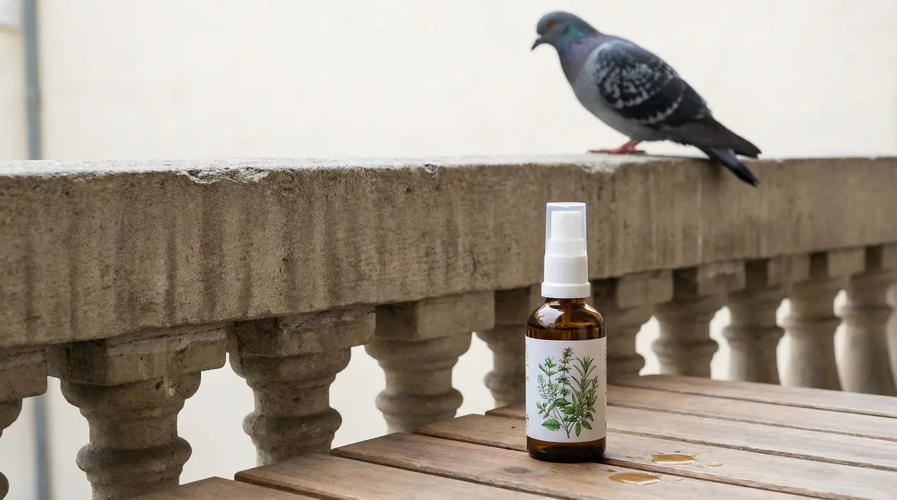 Spray naturale su tavolo di legno con piccione su una balaustra in pietra sullo sfondo