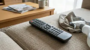 Telecomando su un divano accanto a un panno e uno spray per pulizie