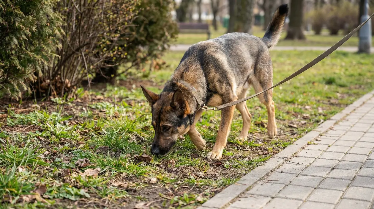 Cane al guinzaglio che annusa l'erba durante una passeggiata in un parco